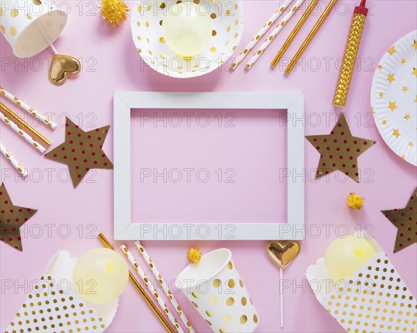 Top view party items with white frame