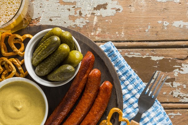 Top view sausages with beer sausages