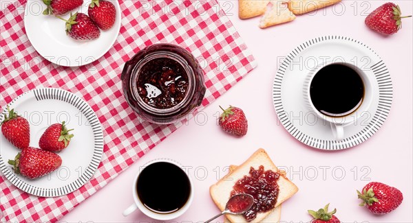 Top view strawberry jam coffee arrangement