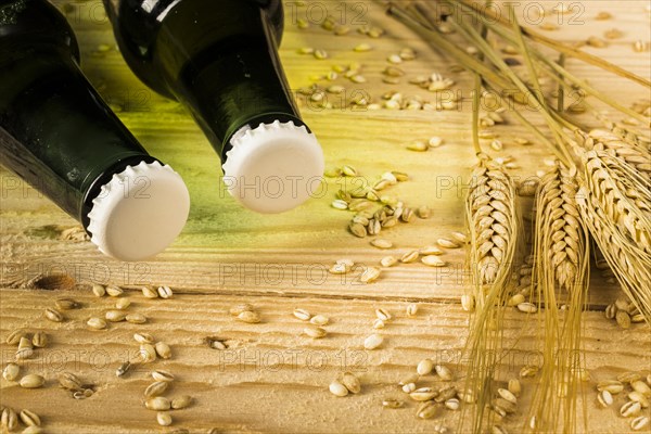 Two beer bottles ears wheat wooden backdrop