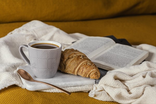 Breakfast bed with croissant coffee