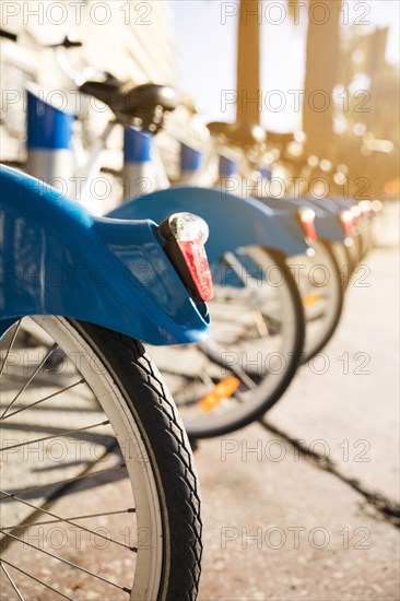 Close up bicycles stand row parking rent