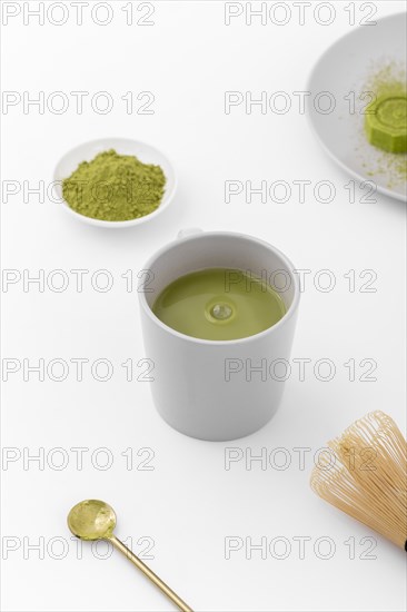 Close up matcha tea cup table