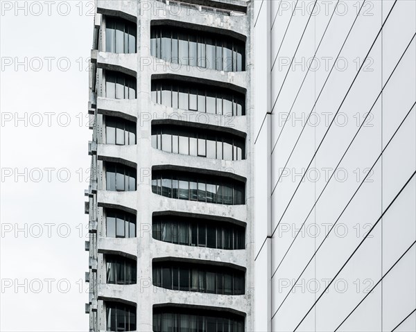 Close up view modern skyscrapers office buildings