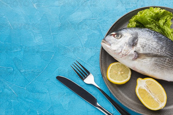 Flat lay fish with lemon plate