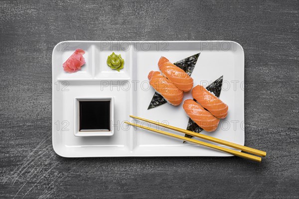 Flat lay sushi sauce plate