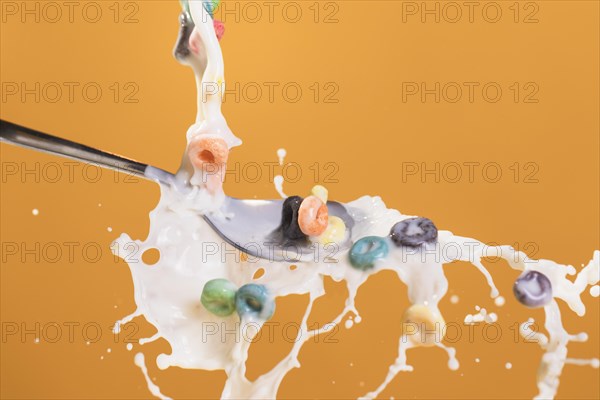 Front view milk cereals splash