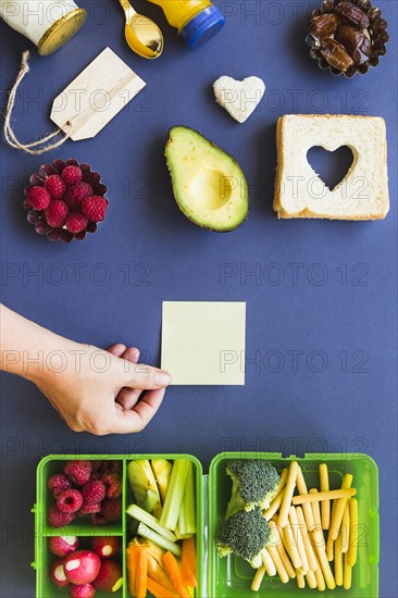 Hand putting sticker table with ingredients