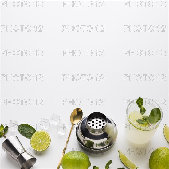 High angle cocktail essentials with lime mint