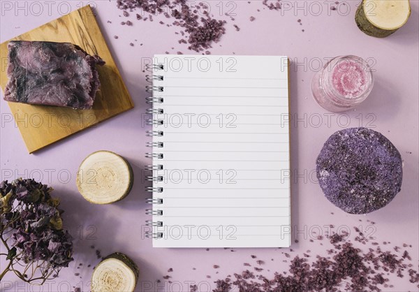 Lavender soap bar wooden stump body scrub dried flower single page notepad pink background