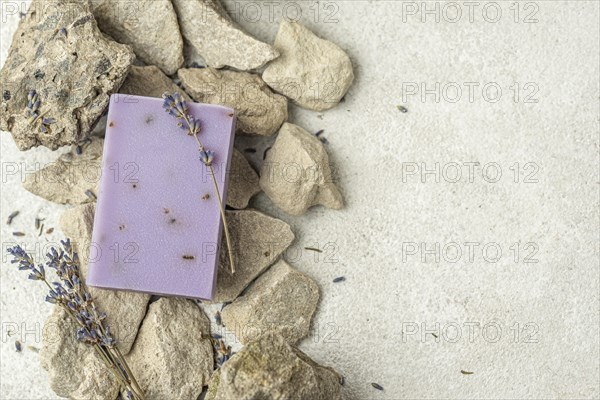 Lavender soap rocks with copy space