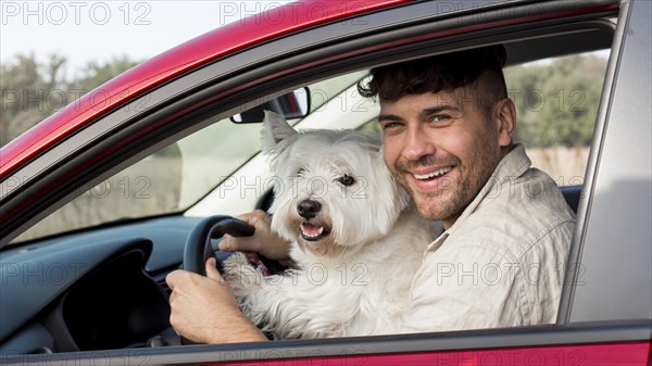 Medium shot happy man with dog