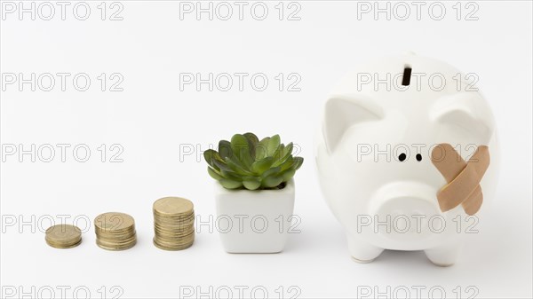 Piles coins broken piggy bank