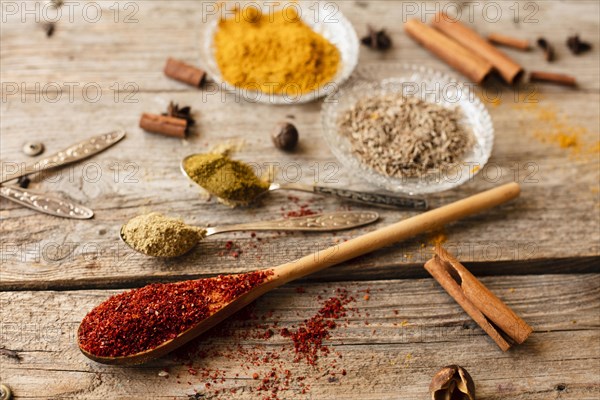 Spoons with various types spices