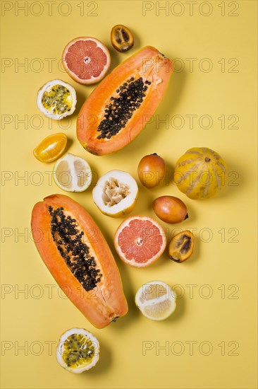 Top view assortment exotic fruits table