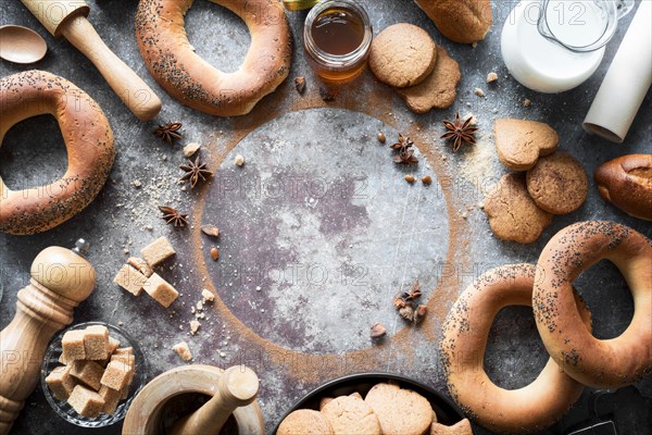 Top view bakery products with brown sugar cubes