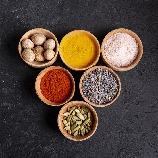 Top view bowls with assortment spices salt