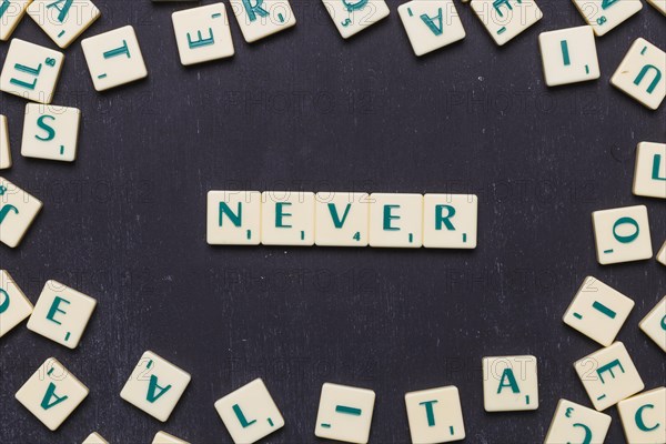 Top view never text with scrabble letters black backdrop