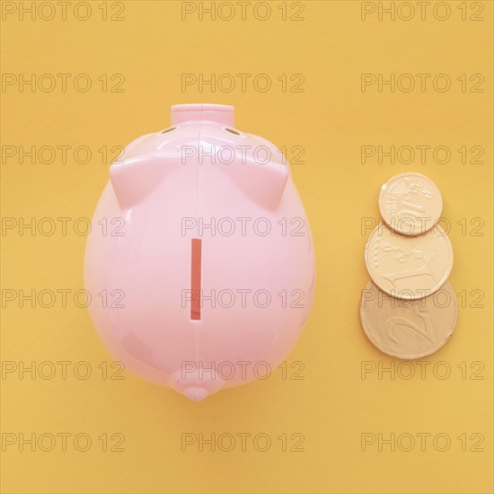Top view pink piggy bank with coins