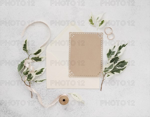Top view wedding invitation card with ribbon