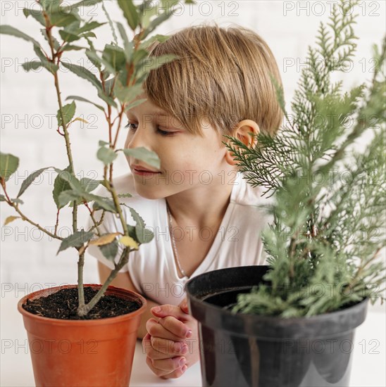 Young boy looking two pots with plants