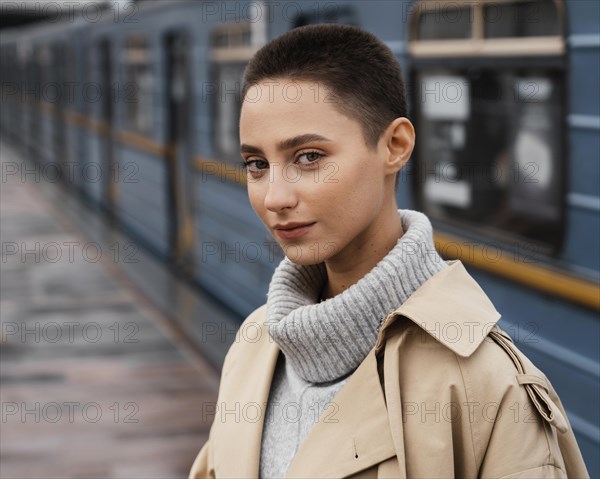 Close up woman train station