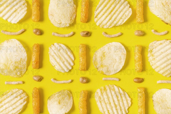Flat lay potato chips cheesy puffs