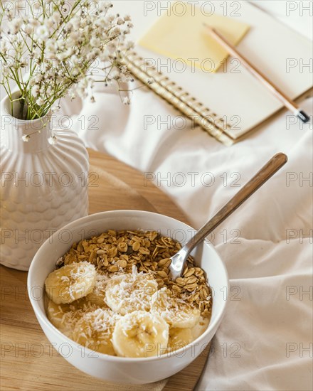 High angle delicious cereal banana slices