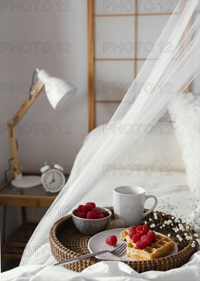 High angle waffle with raspberry plate