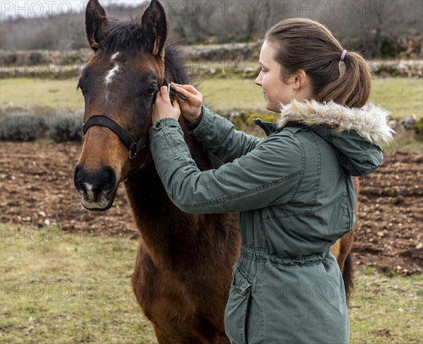 Medium shot woman horse outdoors