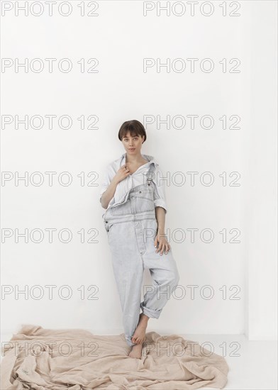 Portrait beautiful young female wearing jumpsuit