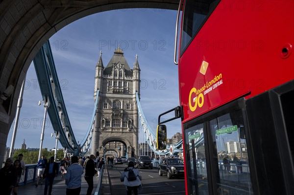 Double-decker crosses Tower Bridge in London