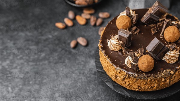 High angle delicious chocolate cake stand