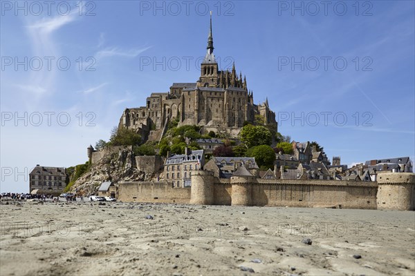 Mont-Saint-Michel monastery at low tide from a frog's-eye view