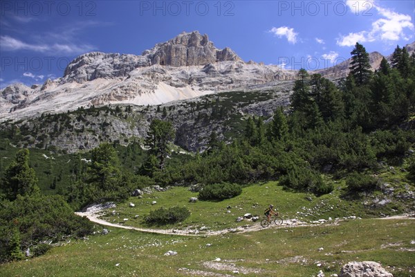 Mountain biker riding bike along path in the mountains of the Dolomites at Alta Badia