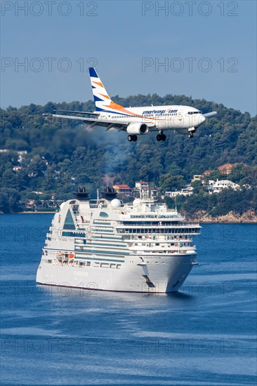 A Boeing 737-700 Smartwings aircraft with the registration OK-SWT at Skiathos Airport