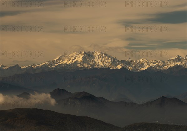 Aerial View over a Beautiful Mountainscape and And Snow Capped Monte Rosa and Mountain Peak Matterhorn and with Floating Clouds in a Sunny Day in Ticino