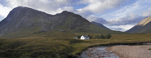 The remote Lagangarbh Hut along River Coupall in front of Buachaille Etive Mor in Glen Coe