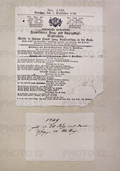 Goethe's baptism is documented in the Franckfurter Frag-und Anzeigungs-Nachrichten
