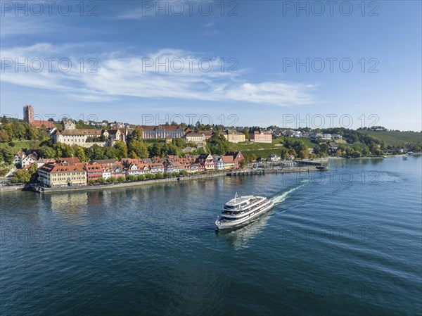 Aerial view of the town of Meersburg and the departing MS Ueberlingen of the Bodensee Schiffsbetriebe