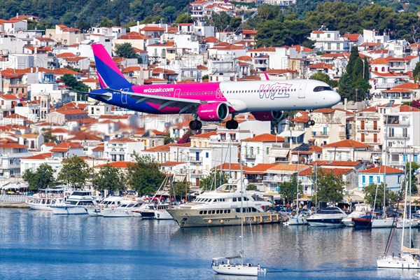 A Wizzair Airbus A321neo aircraft with the registration 9H-WAB at Skiathos Airport