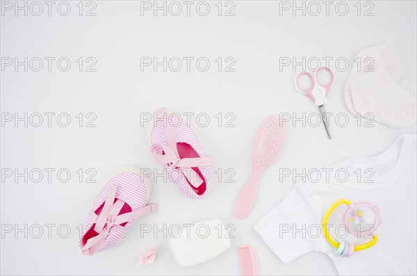 Top view baby shoes with bath accessories