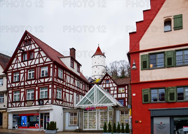 Half-timbered houses and the white tower in Biberach an der Riss