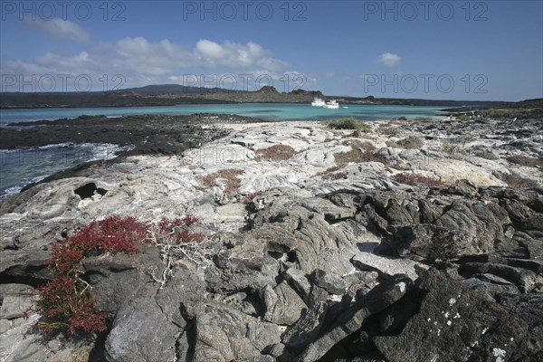 Boats in bay and lava field at Sombrero Chino