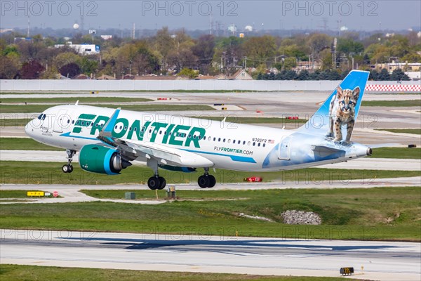 An Airbus A320neo aircraft of Frontier Airlines with the registration number N385FR at Chicago Airport
