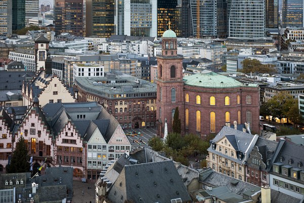 View of the historic city centre with St Paul's Church in front of the banking district