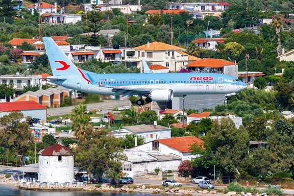 A Boeing 737 MAX 8 aircraft of Neos with the registration EI-RZA at Skiathos Airport