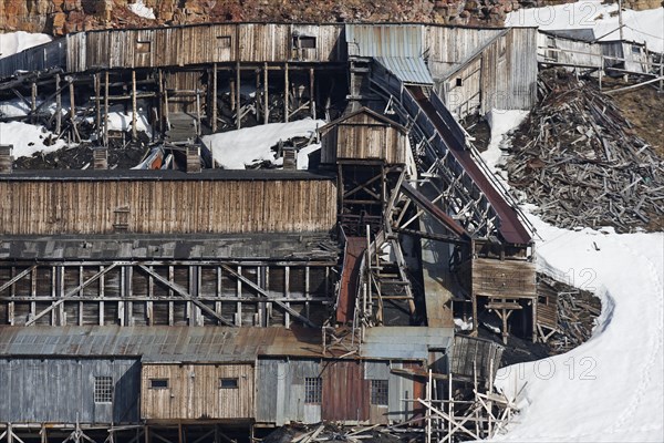 Dilapidated buildings of abandoned former coal mine at Longyearbyen