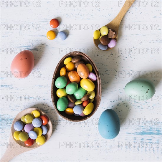 Close up chocolate egg with pellets