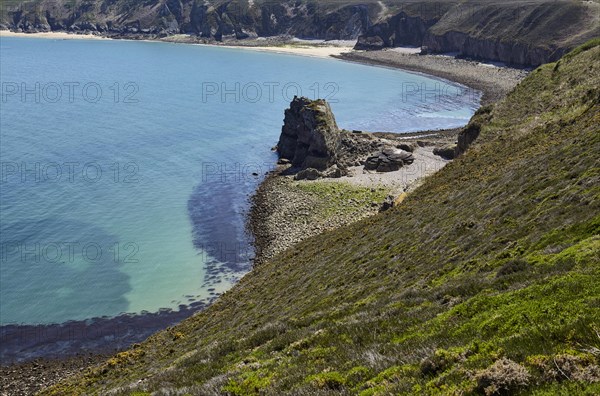 Cliffs with rocks and the English Channel at Cap Frehel near Plevenon